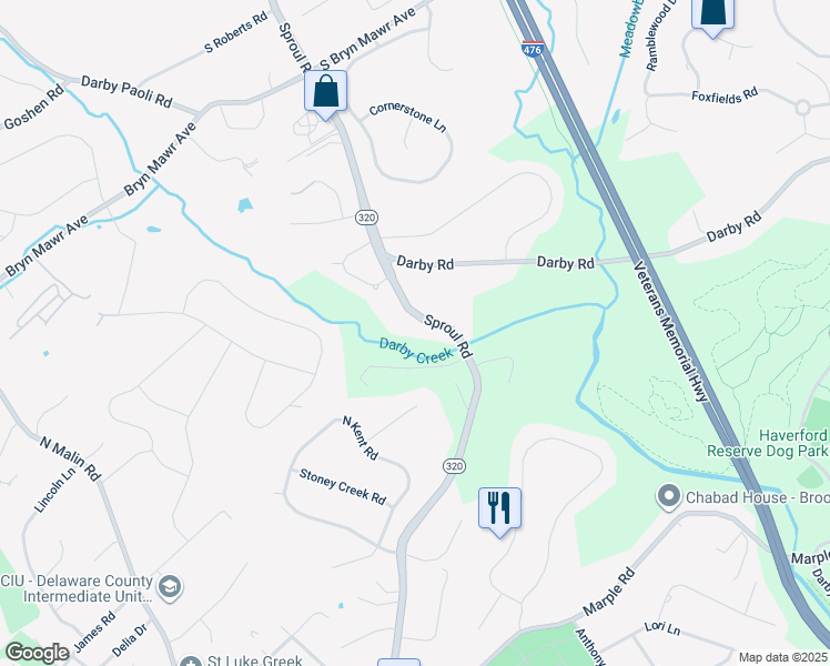 map of restaurants, bars, coffee shops, grocery stores, and more near 1040 Sproul Road in Bryn Mawr