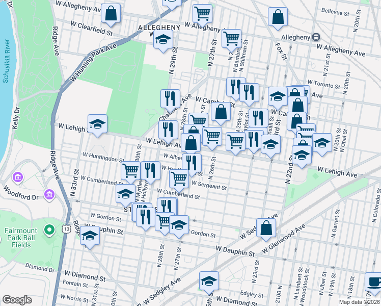 map of restaurants, bars, coffee shops, grocery stores, and more near 2623-25 North 27th Street in Philadelphia