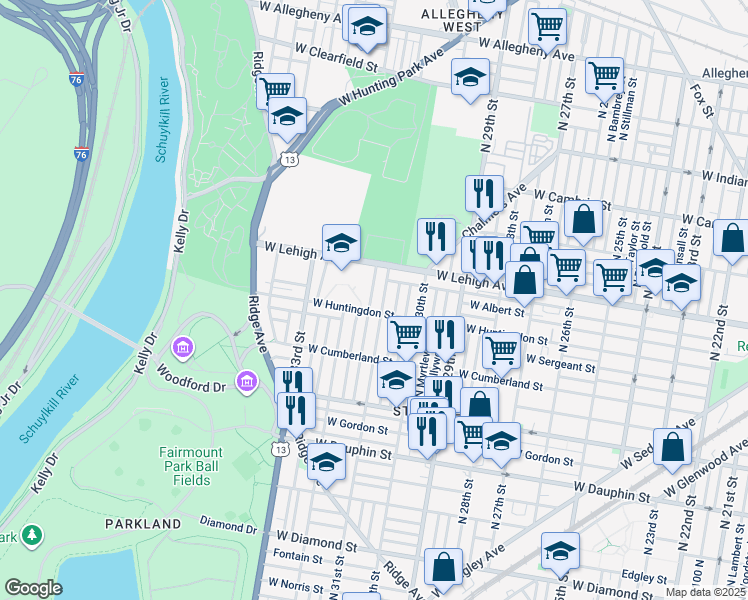 map of restaurants, bars, coffee shops, grocery stores, and more near 2617 North Napa Street in Philadelphia