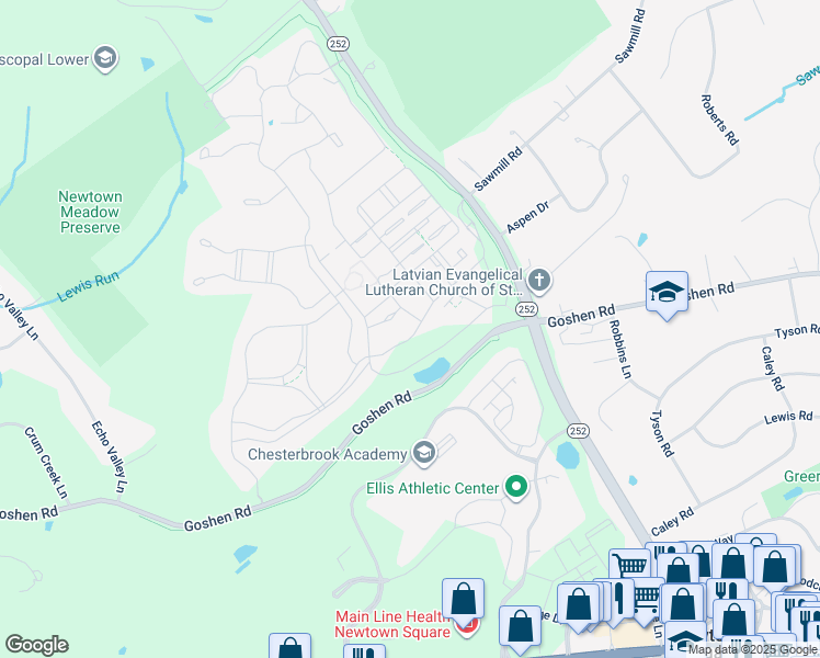 map of restaurants, bars, coffee shops, grocery stores, and more near 3811 Liseter Road in Newtown Square