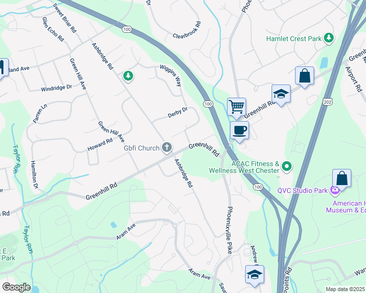 map of restaurants, bars, coffee shops, grocery stores, and more near 807 Greenhill Road in West Chester