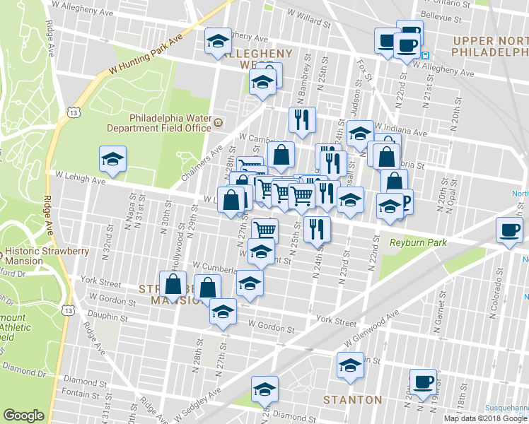 map of restaurants, bars, coffee shops, grocery stores, and more near 2614 West Lehigh Avenue in Philadelphia