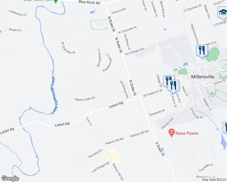 map of restaurants, bars, coffee shops, grocery stores, and more near 190 Bradford Street in Millersville