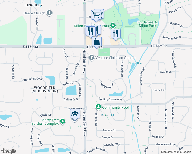 map of restaurants, bars, coffee shops, grocery stores, and more near 5318 Creekbend Drive in Carmel