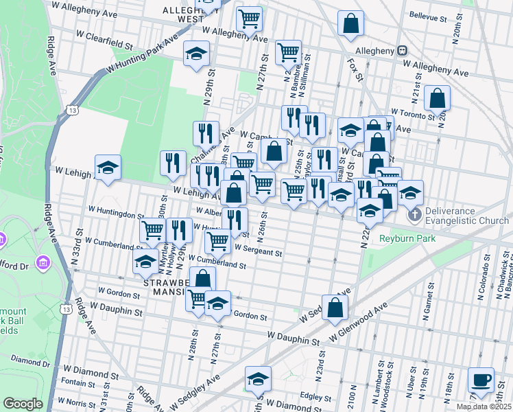 map of restaurants, bars, coffee shops, grocery stores, and more near 2616 West Lehigh Avenue in Philadelphia