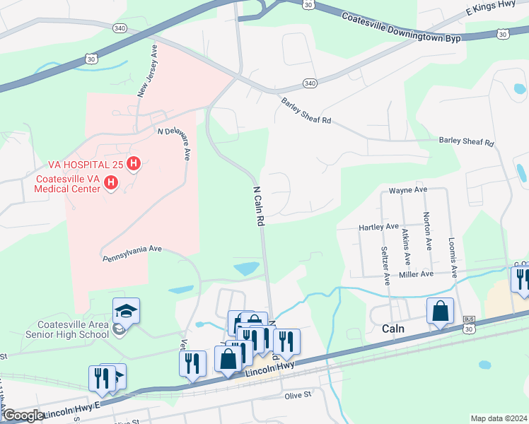 map of restaurants, bars, coffee shops, grocery stores, and more near 368 Jennifer Drive in Coatesville