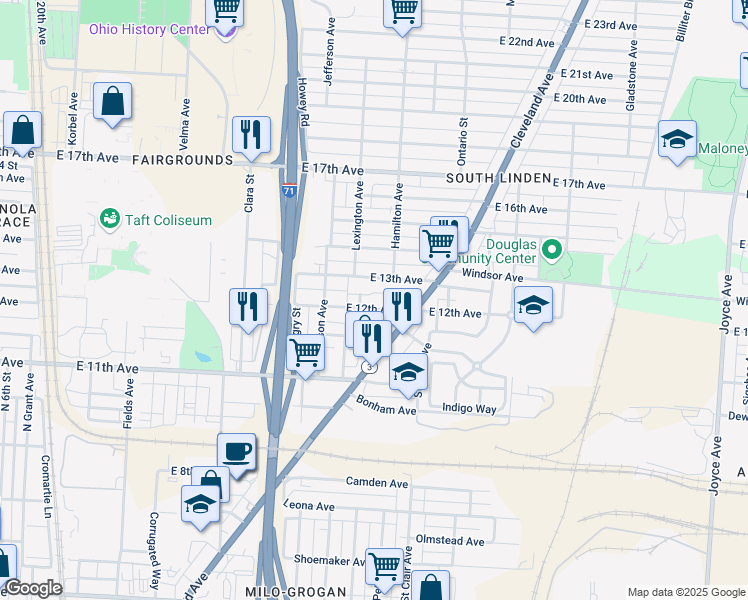 map of restaurants, bars, coffee shops, grocery stores, and more near 943 East 12th Avenue in Columbus