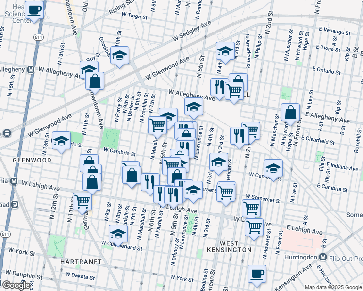 map of restaurants, bars, coffee shops, grocery stores, and more near 2955 North Reese Street in Philadelphia