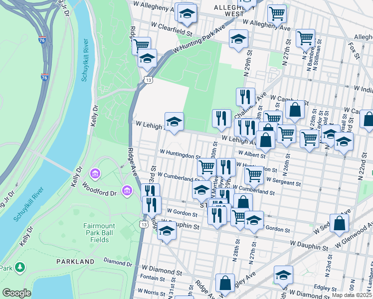 map of restaurants, bars, coffee shops, grocery stores, and more near 2614 North Napa Street in Philadelphia