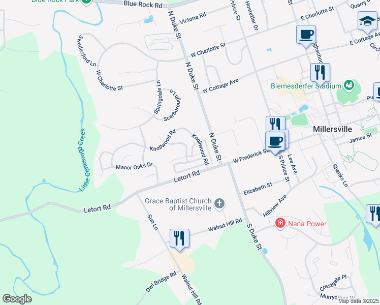 map of restaurants, bars, coffee shops, grocery stores, and more near 199 Cartledge Lane in Millersville
