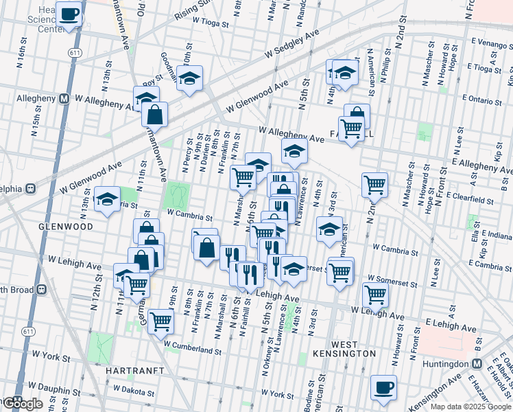 map of restaurants, bars, coffee shops, grocery stores, and more near 2943 North 6th Street in Philadelphia