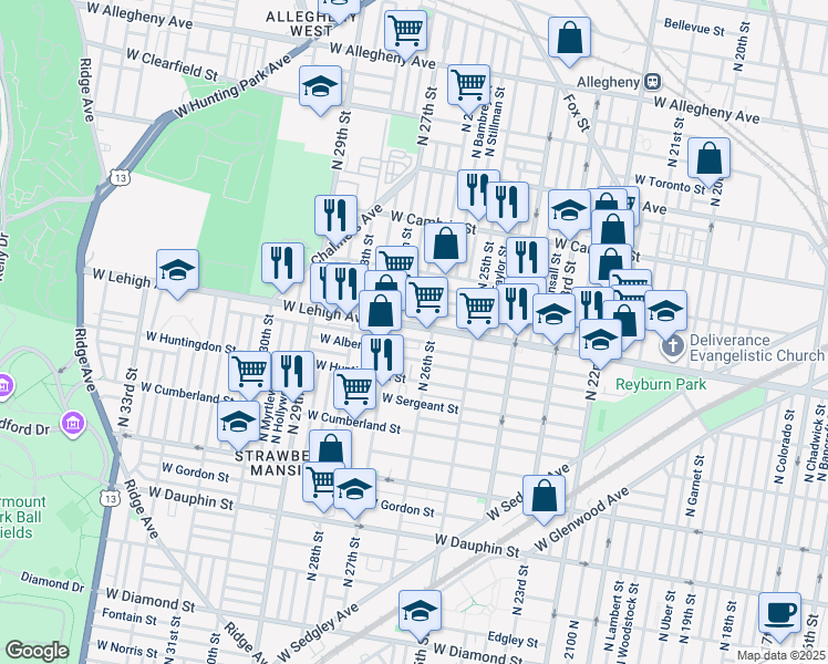 map of restaurants, bars, coffee shops, grocery stores, and more near 2622 West Lehigh Avenue in Philadelphia