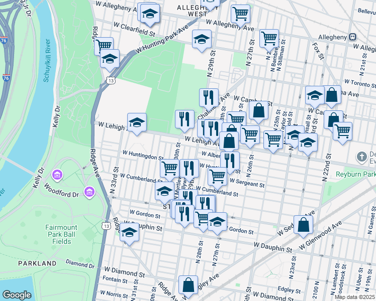 map of restaurants, bars, coffee shops, grocery stores, and more near 2638 North Hollywood Street in Philadelphia
