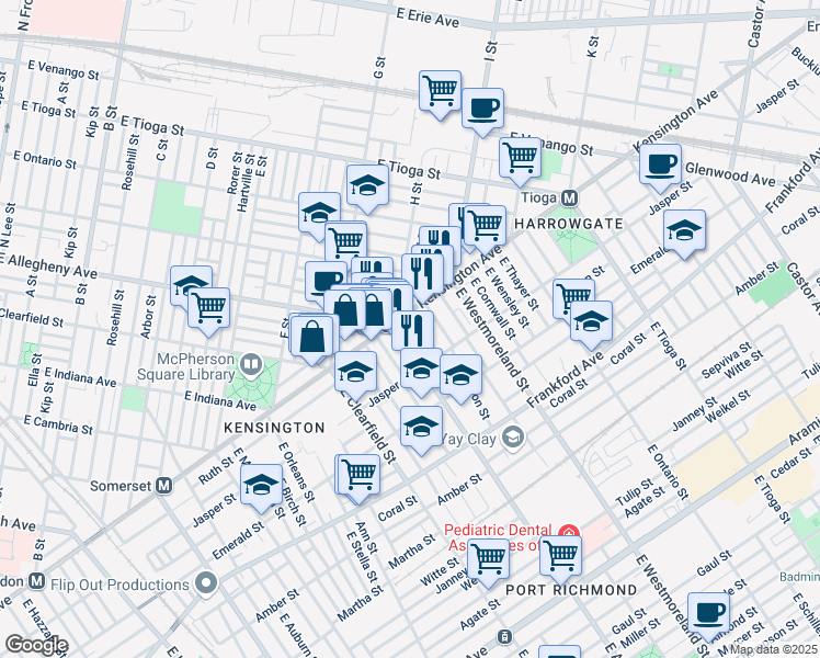 map of restaurants, bars, coffee shops, grocery stores, and more near 1829 East Allegheny Avenue in Philadelphia