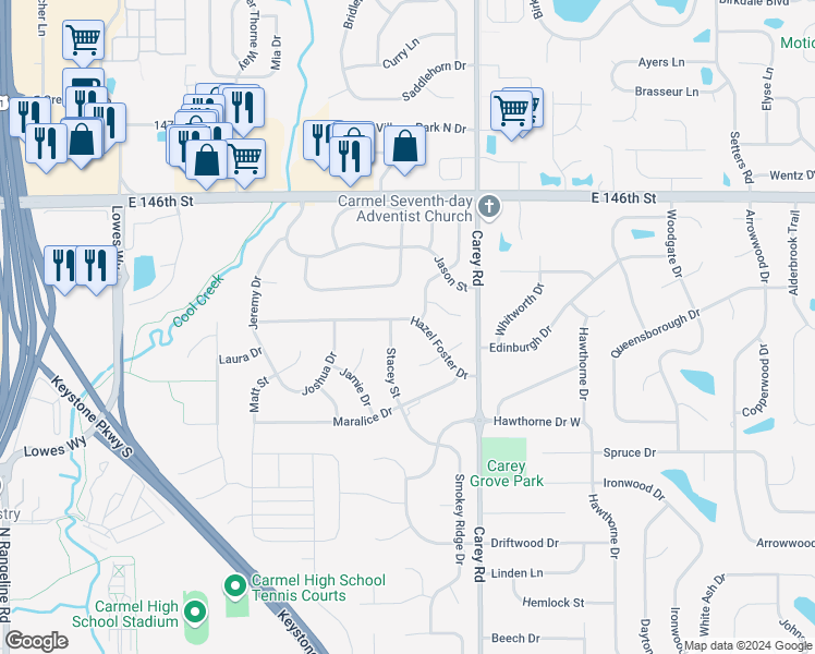 map of restaurants, bars, coffee shops, grocery stores, and more near 3145 Hazel Foster Drive in Carmel