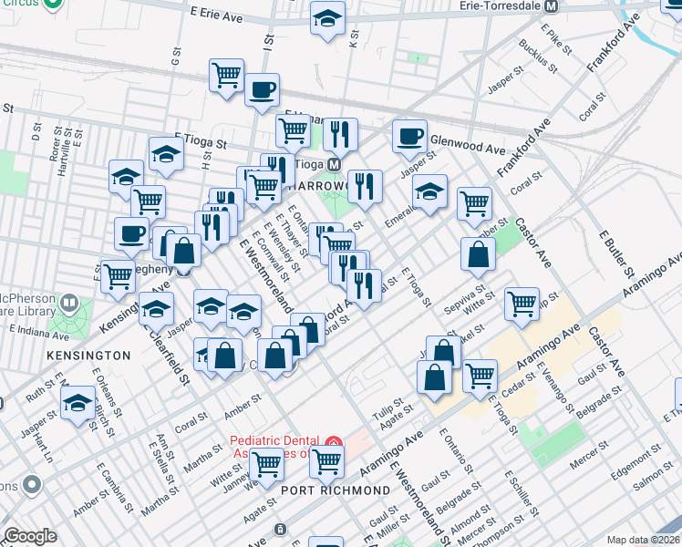 map of restaurants, bars, coffee shops, grocery stores, and more near 2023 East Ontario Street in Philadelphia