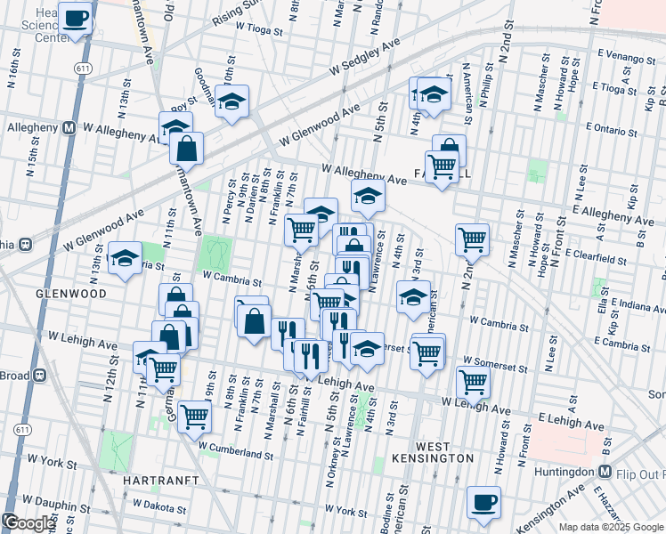 map of restaurants, bars, coffee shops, grocery stores, and more near 2951 North Fairhill Street in Philadelphia