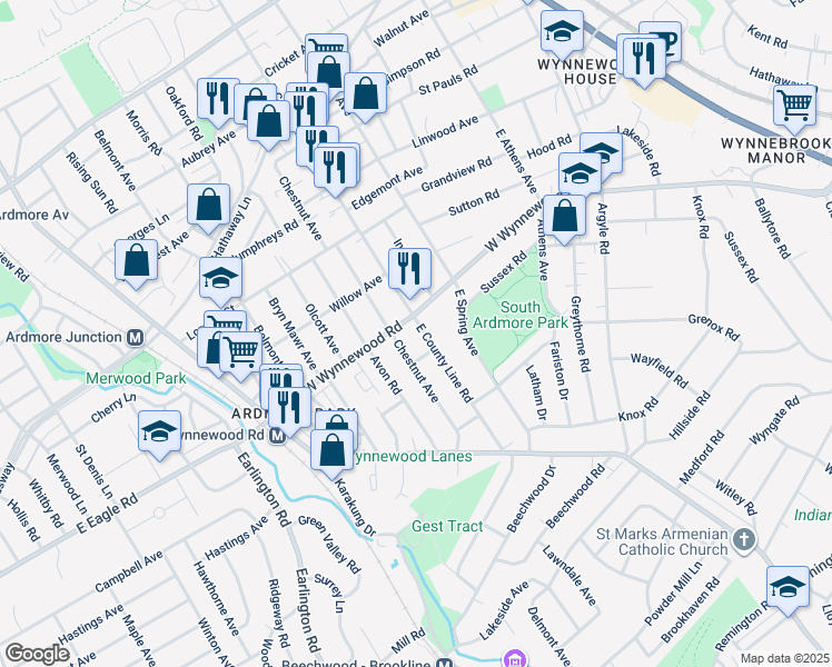 map of restaurants, bars, coffee shops, grocery stores, and more near 2216 East County Line Road in Ardmore