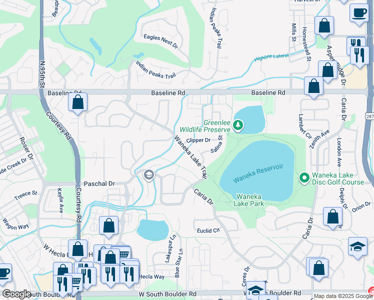 map of restaurants, bars, coffee shops, grocery stores, and more near Waneka Lake Trail in Lafayette