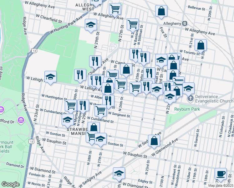 map of restaurants, bars, coffee shops, grocery stores, and more near 2622 West Lehigh Avenue in Philadelphia