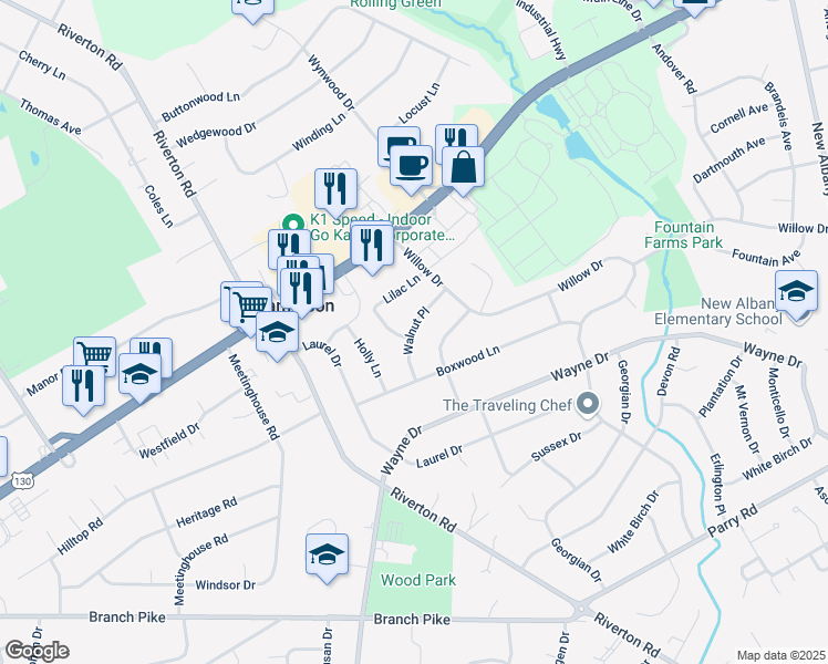 map of restaurants, bars, coffee shops, grocery stores, and more near 2161 Chestnut Place in Cinnaminson