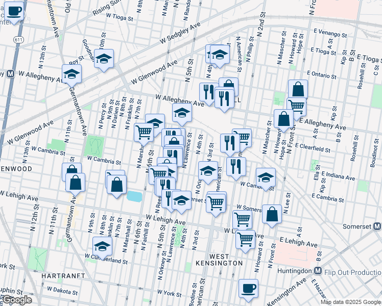 map of restaurants, bars, coffee shops, grocery stores, and more near 2978 North Leithgow Street in Philadelphia
