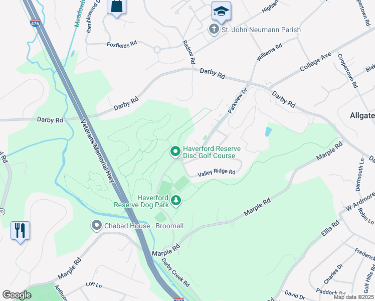 map of restaurants, bars, coffee shops, grocery stores, and more near 6404 Parkview Drive in Haverford