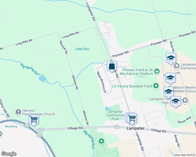 map of restaurants, bars, coffee shops, grocery stores, and more near 89 Apple Blossom Drive in Lancaster