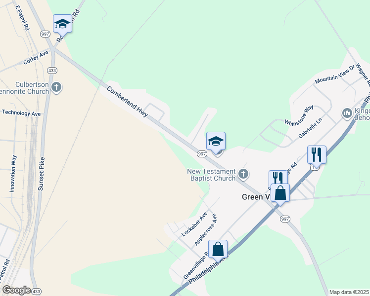 map of restaurants, bars, coffee shops, grocery stores, and more near 5649 Cumberland Highway in Chambersburg