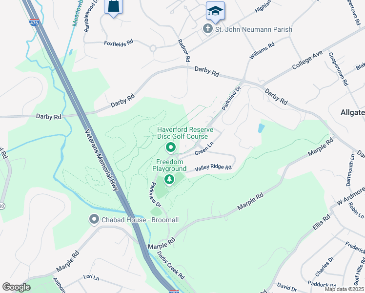 map of restaurants, bars, coffee shops, grocery stores, and more near 6404 Parkview Drive in Haverford