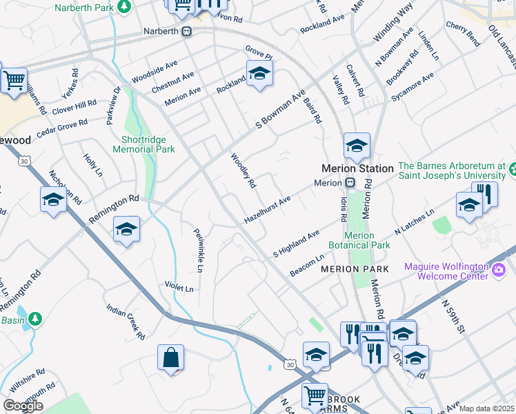 map of restaurants, bars, coffee shops, grocery stores, and more near 706 Hazelhurst Avenue in Merion Station