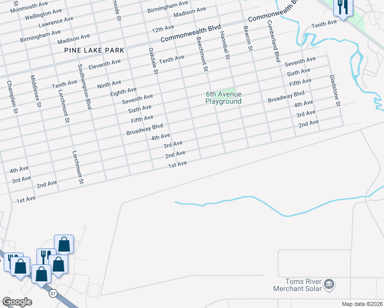 map of restaurants, bars, coffee shops, grocery stores, and more near 1524 2nd Avenue in Toms River