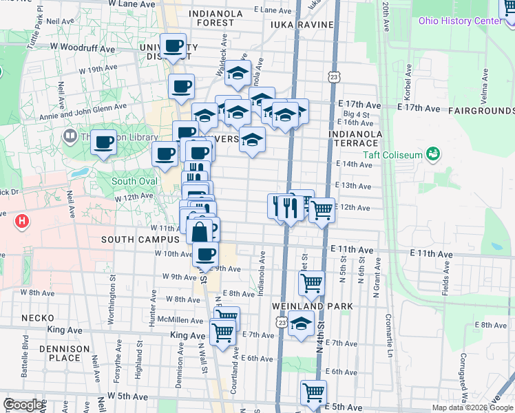 map of restaurants, bars, coffee shops, grocery stores, and more near 149 East 12th Avenue in Columbus
