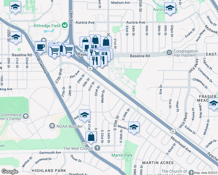 map of restaurants, bars, coffee shops, grocery stores, and more near 380 Martin Drive in Boulder