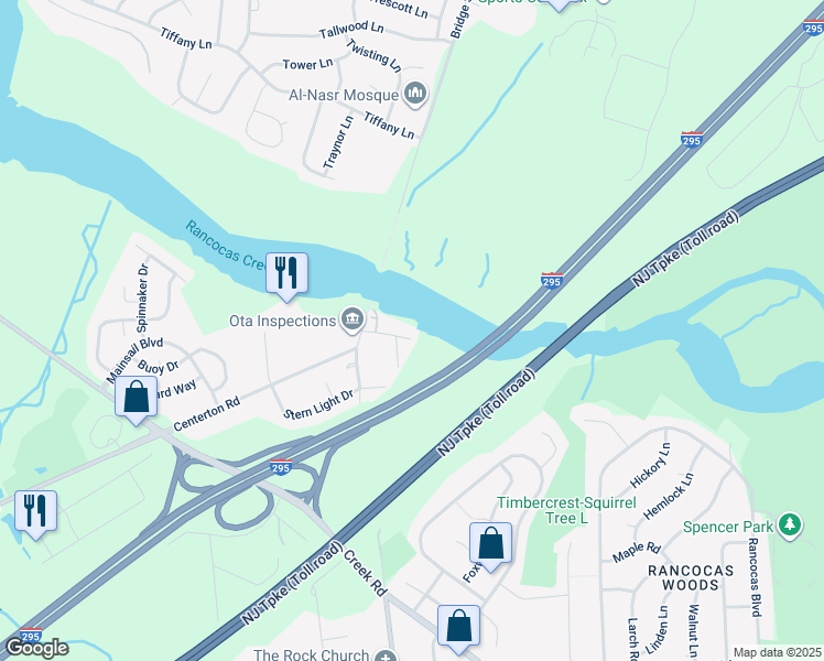 map of restaurants, bars, coffee shops, grocery stores, and more near 114 Texas Avenue in Mount Laurel