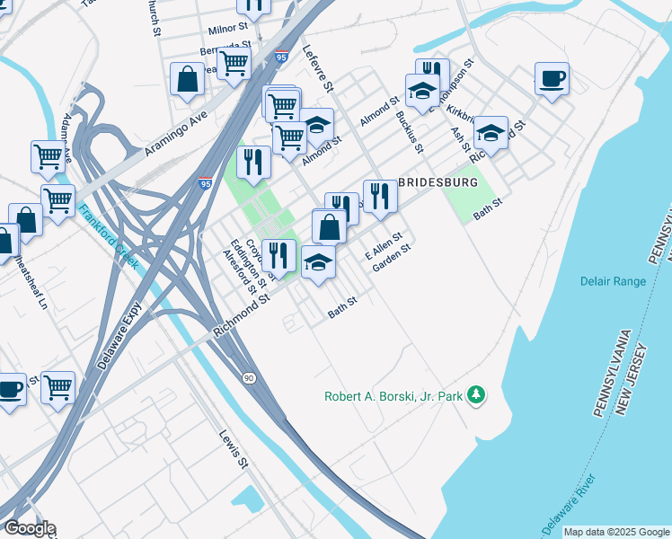 map of restaurants, bars, coffee shops, grocery stores, and more near 2822 Gillingham Street in Philadelphia