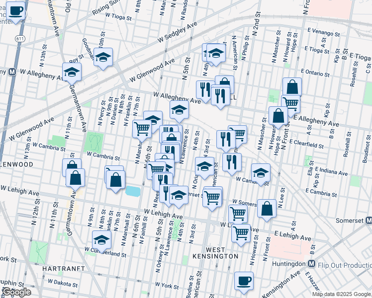 map of restaurants, bars, coffee shops, grocery stores, and more near 2969 North Lawrence Street in Philadelphia