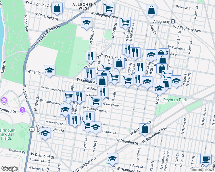 map of restaurants, bars, coffee shops, grocery stores, and more near 2627 North 27th Street in Philadelphia