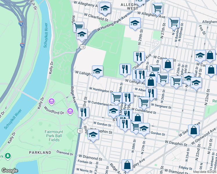 map of restaurants, bars, coffee shops, grocery stores, and more near 2620 North 31st Street in Philadelphia