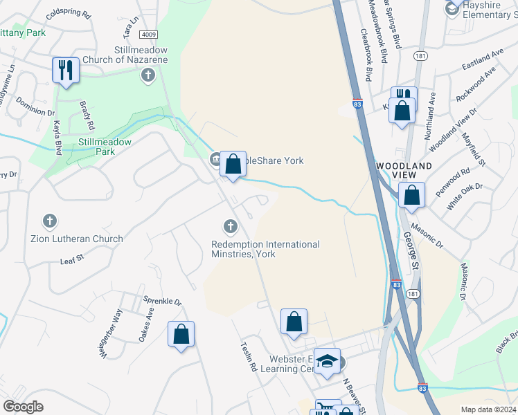 map of restaurants, bars, coffee shops, grocery stores, and more near 84 Lexton Drive in York