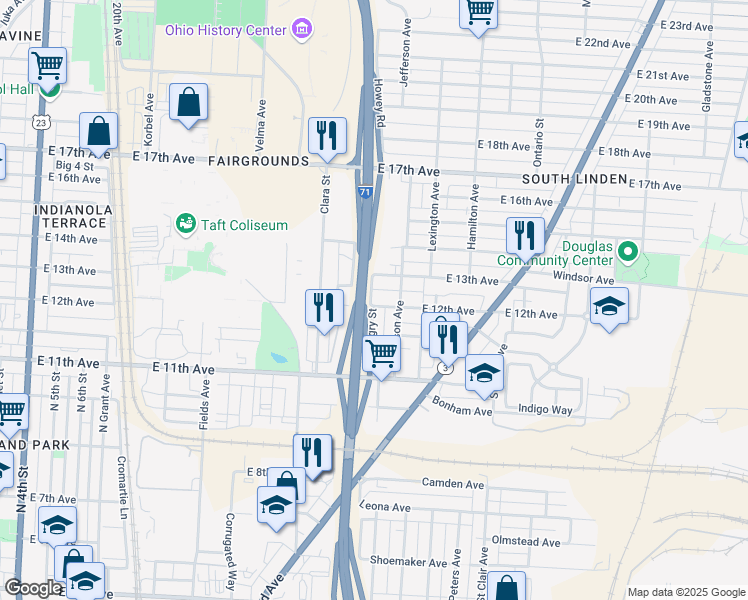 map of restaurants, bars, coffee shops, grocery stores, and more near 845 East 12th Avenue in Columbus