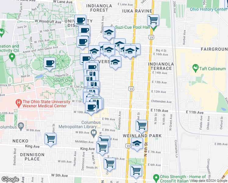 map of restaurants, bars, coffee shops, grocery stores, and more near in Columbus