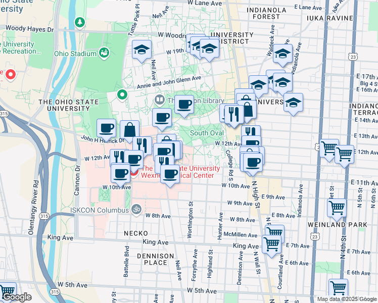 map of restaurants, bars, coffee shops, grocery stores, and more near 196 West 11th Avenue in Columbus