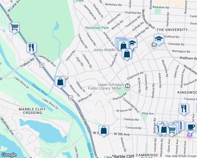 map of restaurants, bars, coffee shops, grocery stores, and more near 1980 Upper Chelsea Road in Columbus
