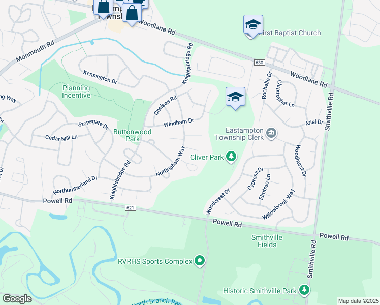 map of restaurants, bars, coffee shops, grocery stores, and more near 5 Suffolk Court in Mount Holly