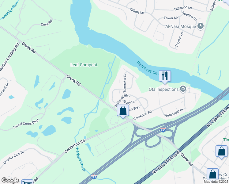map of restaurants, bars, coffee shops, grocery stores, and more near 116 Starboard Way in Mount Laurel