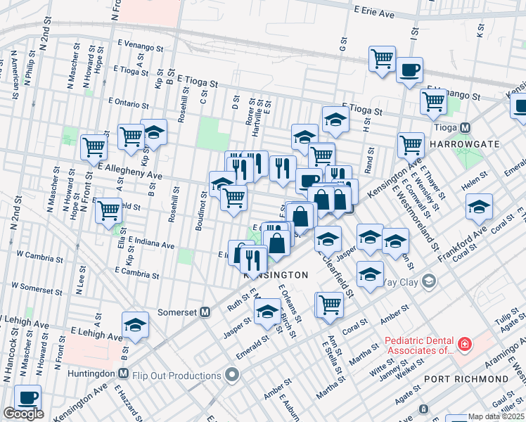 map of restaurants, bars, coffee shops, grocery stores, and more near 625 East Lippincott Street in Philadelphia