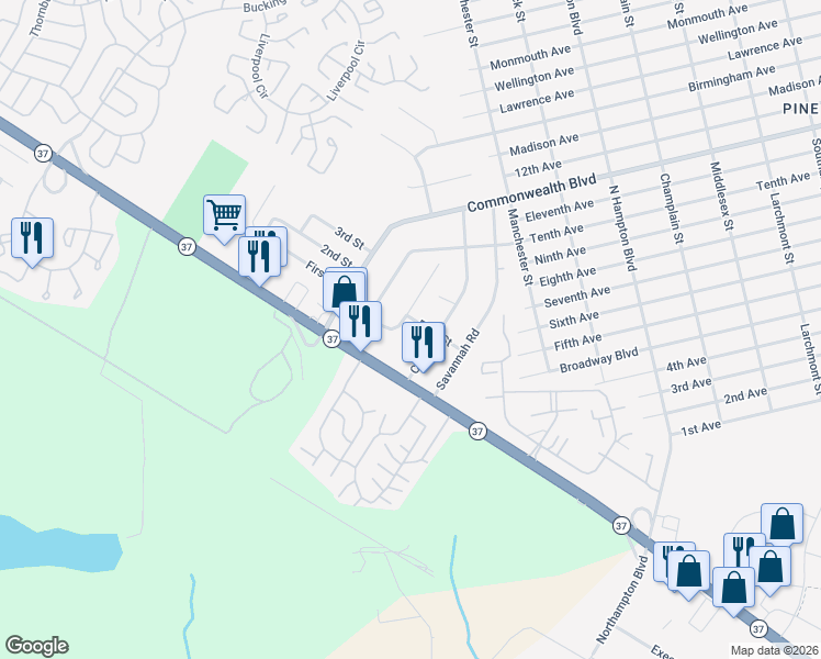 map of restaurants, bars, coffee shops, grocery stores, and more near 94 Colt Place in Manchester Township