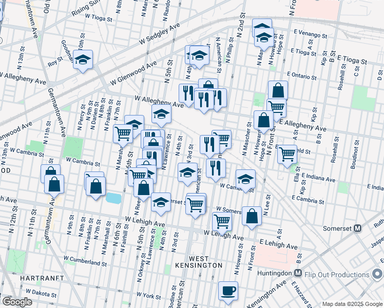 map of restaurants, bars, coffee shops, grocery stores, and more near 269 West Indiana Avenue in Philadelphia
