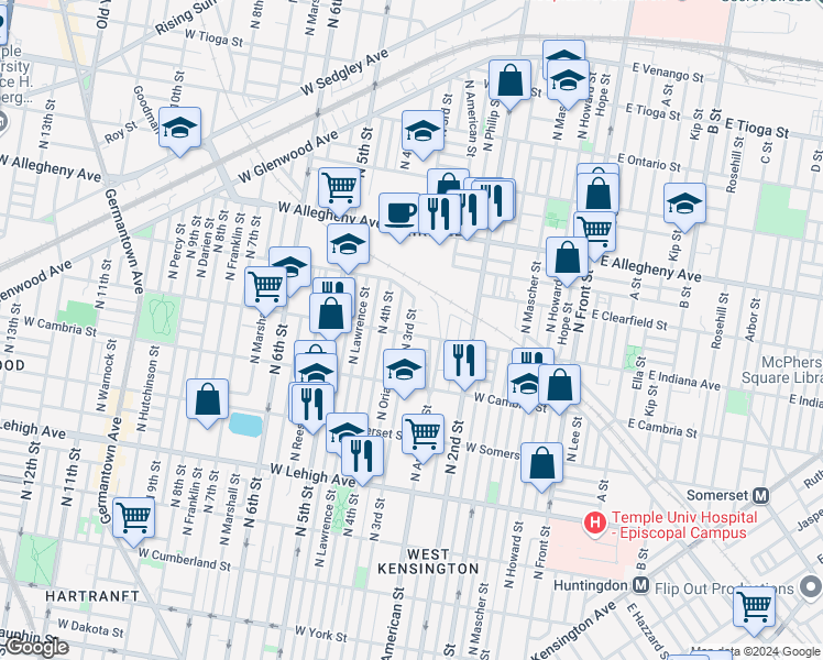 map of restaurants, bars, coffee shops, grocery stores, and more near 271 West Indiana Avenue in Philadelphia